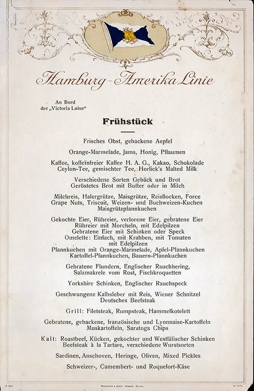 German Language Version of a Breakfast Menu Card From Circa 1911 Onboard the SS Victoria Luise of the Hamburg America Line.