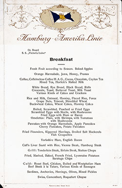 SS Victoria Luise Breakfast Menu Card (u.d.) c1911