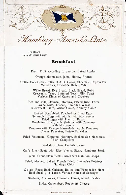 SS Victoria Luise Breakfast Menu Card (u.d.) c1911