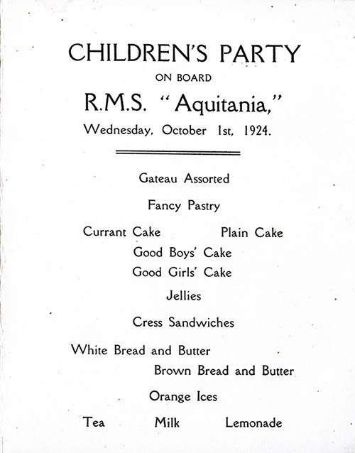 Menu Items for Children's Party Onboard the RMS Aquitania on 1 October 1924.