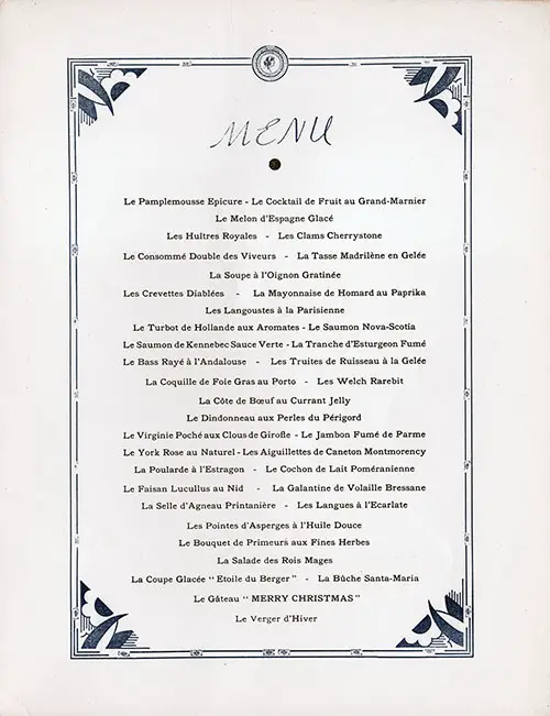 Menu Selections, Christmas Eve Reveillon Dinner Menu, SS De Grasse, CGT French Line (1950)