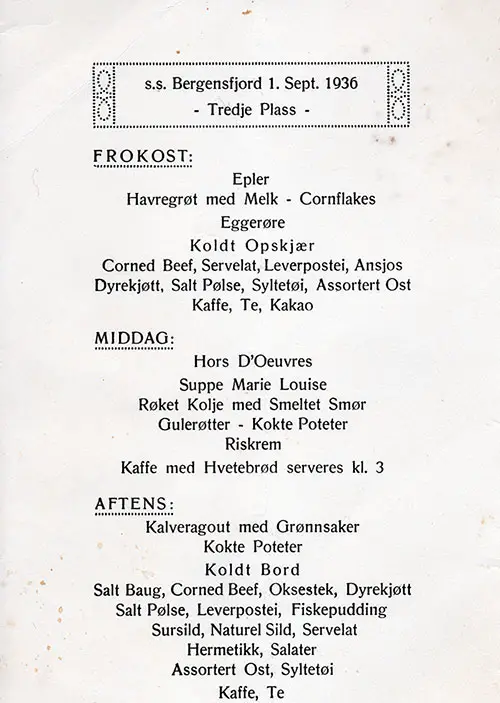 Daily Menu Items in Norwegian, SS Bergensfjord, 1 September 1936.