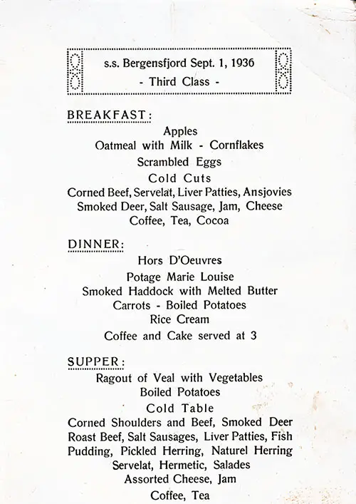 Daily Menu Items, SS Bergensfjord, 1 September 1936.