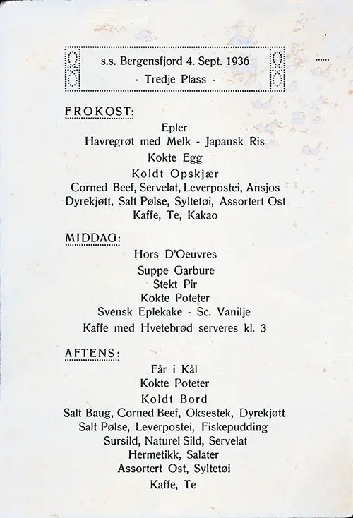 Daily Menu Items, SS Bergensfjord, 4 September 1936 in Norwegian.