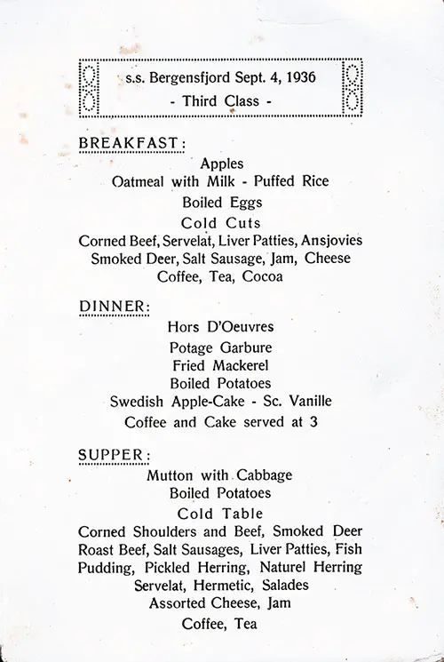 Daily Menu Items, SS Bergensfjord, 4 September 1936.