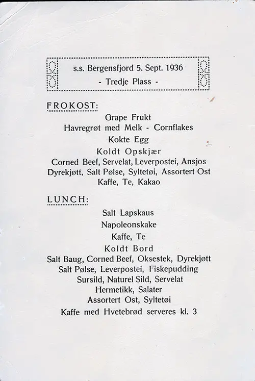 Daily Menu Items, SS Bergensfjord, 5 September 1936 in Norwegian.