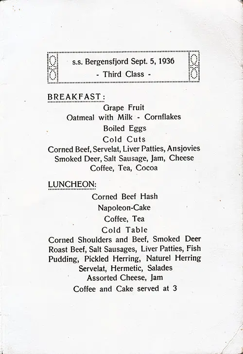 Daily Menu Items, SS Bergensfjord, 5 September 1936.