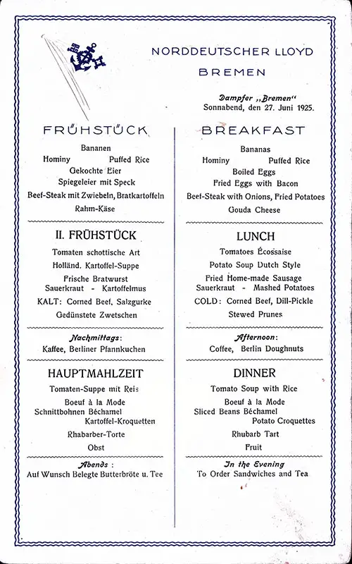 SS Bremen Breakfast Menu Card 27 June 1925