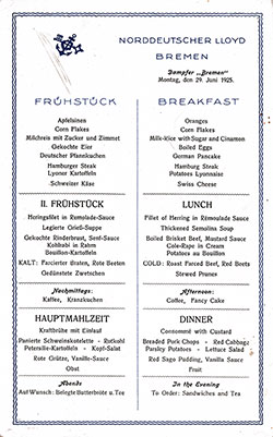SS Bremen Breakfast Bill of Fare Card 29 June 1925