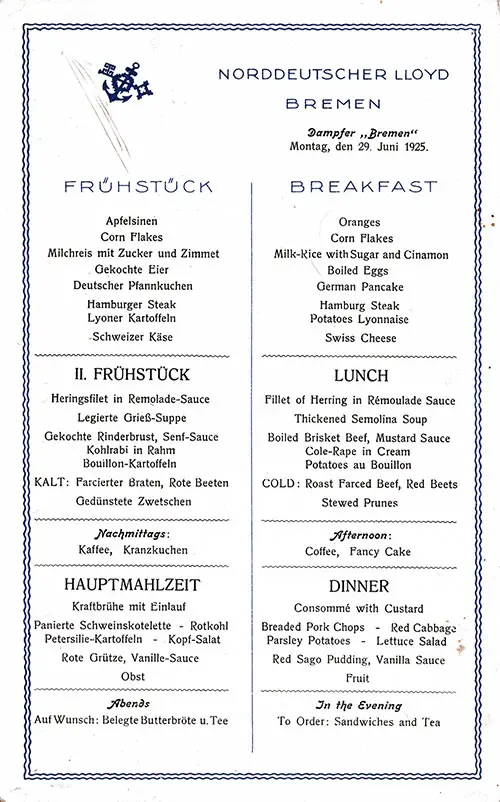 SS Bremen Breakfast Menu Card 29 June 1925