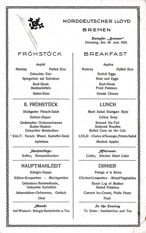 SS Bremen Breakfast Menu Card 30 June 1925