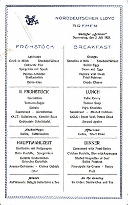 SS Bremen Breakfast Bill of Fare Card 2 July 1925