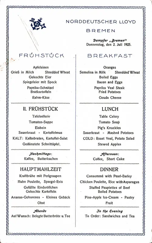 SS Bremen Breakfast Menu Card 2 July 1925