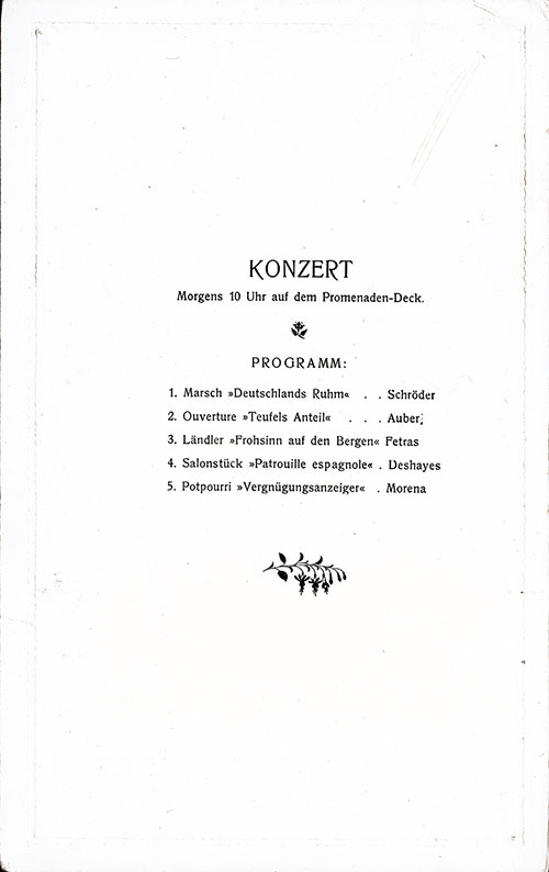 Music Concert Program on the Reverse Side of the 2 July 1925 Daily Menu Card on the SS Bremen.