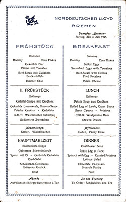SS Bremen Breakfast Bill of Fare Card 3 July 1925