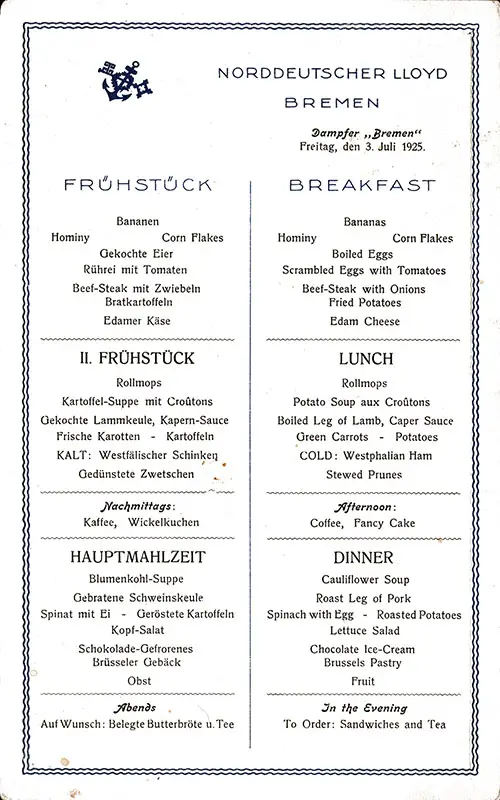 SS Bremen Breakfast Menu Card 3 July 1925