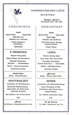 SS Bremen Breakfast Bill of Fare Card 4 July 1925