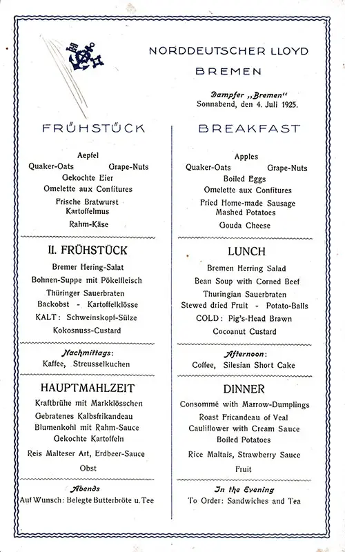 SS Bremen Breakfast Menu Card 4 July 1925