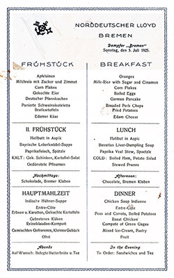 SS Bremen Breakfast Bill of Fare Card 5 July 1925