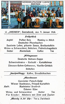 Front, SS Bremen Daily Menu Postcard - 9 January 1926