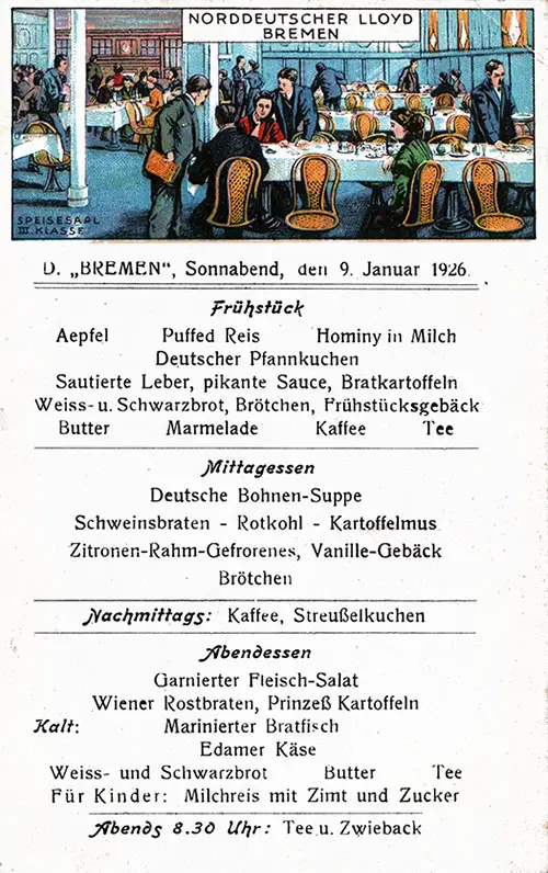Front, SS Bremen Daily Menu Postcard - 9 January 1926