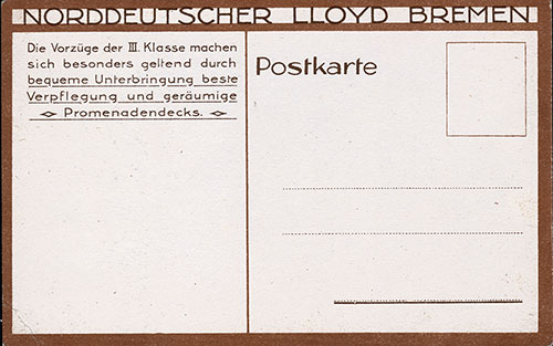 Reverse Side, SS Bremen Daily Menu Postcard - 9 January 1926.