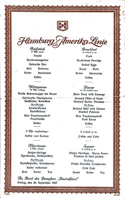 Vintage Menu, Hamburg America Line, SS Deutschland, 30 September 1927