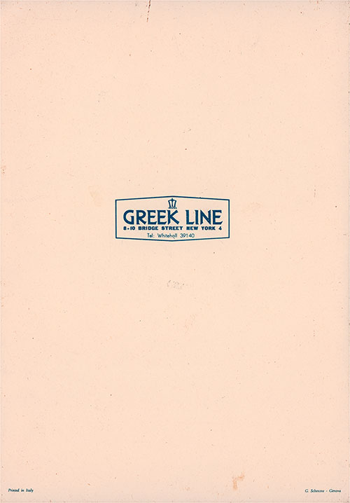 Back Cover, Lunch and Dinner Menu, Tourist Class on the TSS New York of the Greek Line, Wednesday, 21 August 1957.