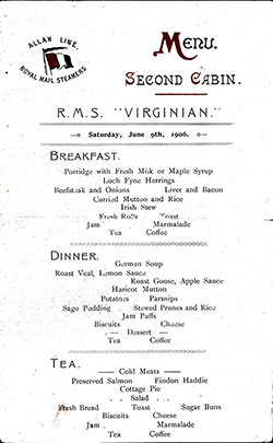 Allan Line RMS Virginian Daily Menu Card, Second Cabin - 9 June 1906 