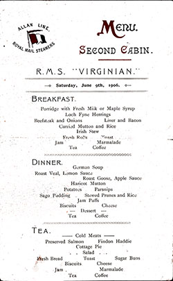 Allan Line RMS Virginian Daily Bill of Fare Card, Second Cabin - 9 June 1906