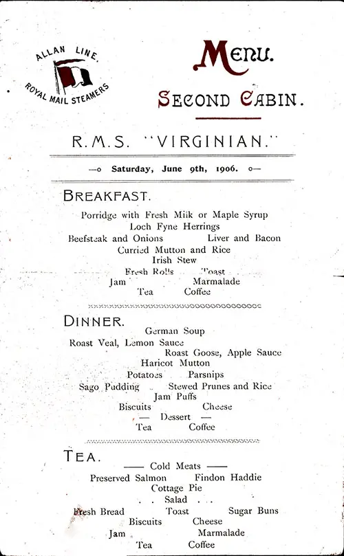 Allan Line RMS Virginian Daily Menu Card, Second Cabin - 9 June 1906 