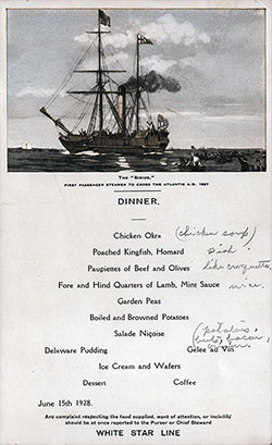 RMS Albertic Dinner Bill of Fare Card 15 June 1928