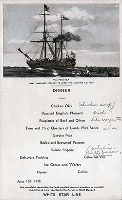 RMS Albertic Dinner Menu Card 15 June 1928