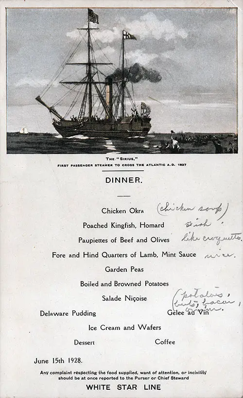 RMS Albertic Dinner Menu Card 15 June 1928