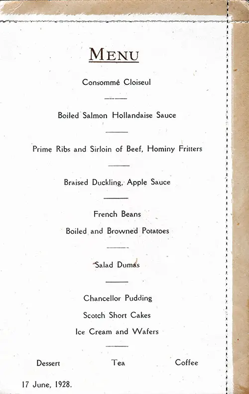Menu Items, SS Albertic Dinner Menu Postcard - 17 June 1928