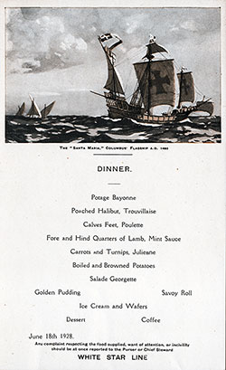 Menu Card for a Dinner Menu, White Star Line RMS Albertic