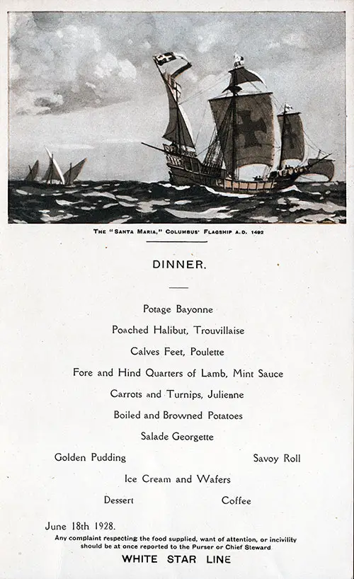 Menu Card for a Dinner Menu, White Star Line RMS Albertic