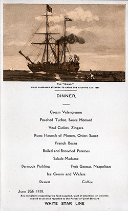 Menu Card for a Dinner Menu, White Star Line Albertic - June 20, 1928