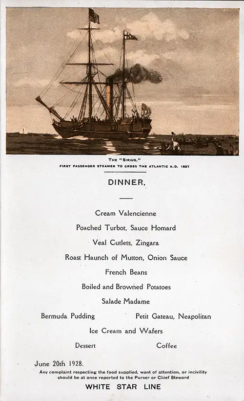 Menu Card for a Dinner Menu, White Star Line Albertic - June 20, 1928
