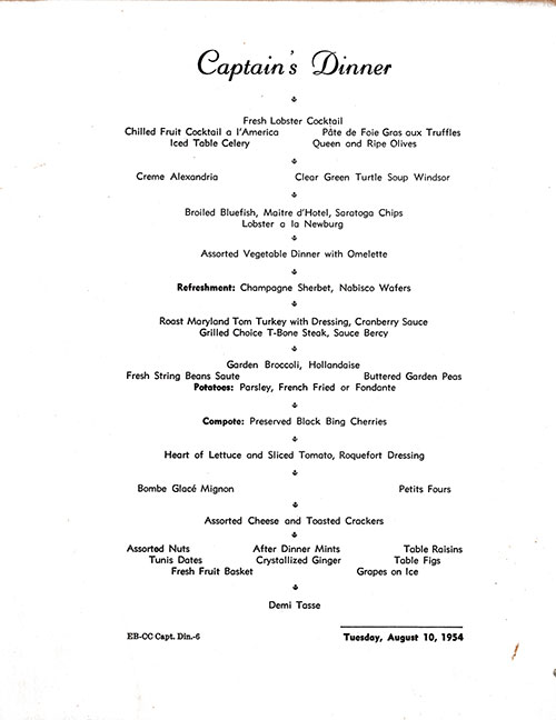 Menu Cover, Captain's Dinner Menu, SS America, United States Lines, August 1954