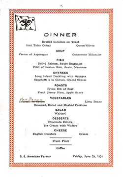 Dinner Menu Card, SS American Farmer, American Merchant Lines, 1934