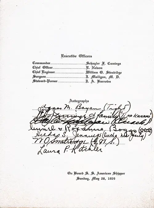 Exec Officers and Autographs, SS American Shipper Dinner Menu - 26 May 1929