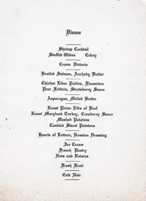 Menu Items, SS American Shipper Dinner Menu - 26 May 1929