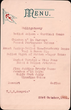 GGA Image ID # 15bc85da73 Front Cover, Dinner Menu Card, PLClass Class on the TSS Assyria of the Anchor Line, 23 October 1921.
