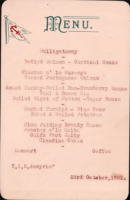 Front Cover, Dinner Menu Card, PLClass Class on the TSS Assyria of the Anchor Line, 23 October 1921.