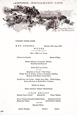 Front Cover, RMS Athenia Dinner Menu - 21 August 1930