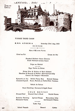RMS Athenia Dinner Menu Card - 23 August 1930