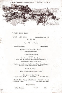 RMS Athenia Dinner Menu Card - 24 August 1930