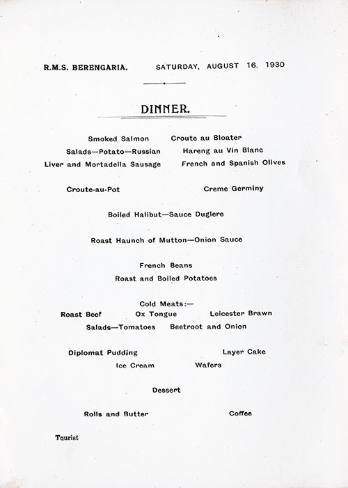 Menu Items, RMS Berengaria Dinner Menu - 16 August 1930