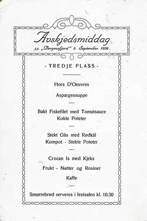 Farewell Dinner Menu Items in Norwegian, SS Bergensfjord, 5 September 1936.
